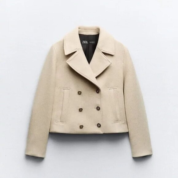 ZARA CROPPED WOOL BLEND DOUBLE BREASTED COAT - Picture 2 of 9